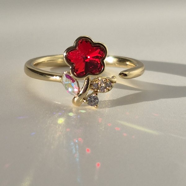 Flower Ring Adjustable W/Red Stone